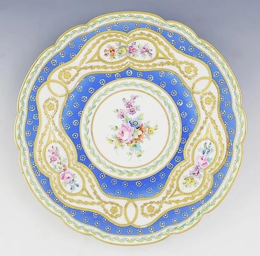 Fine ANTQ Set 12 Royal European Gilded Beaded Dinner Plates Floral Blue White - 8