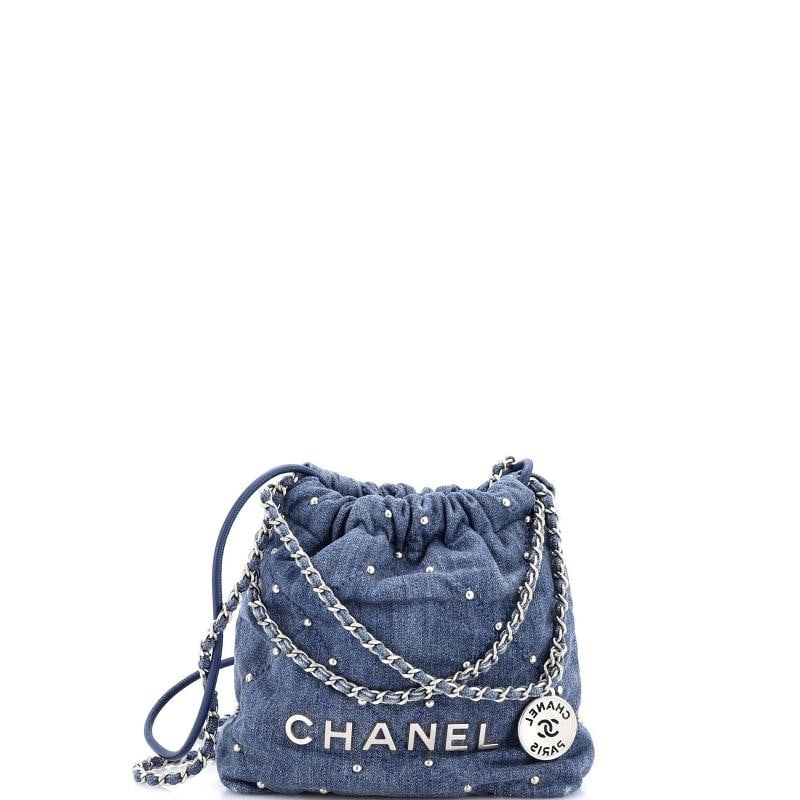 Chanel 22 Chain Hobo Quilted Studded Denim Mini: Condition Preowned GoodBrand ChanelExterior Material DenimStyle HobosExterior Color BlueDepartment WomenSize MiniAccessories With Strap Condition Very good Exterior creases corner wear minor discolora