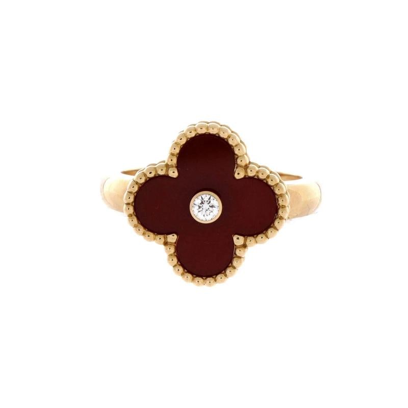 Van Cleef Arpels Vintage Alhambra Ring 18K Yellow Gold with Carnelian: Condition Preowned GoodBrand Van Cleef ArpelsMain Stone CarnelianMetal 18K Yellow GoldMetal Purity 18KRing Size 625 53Type RingColor Yellow GoldStyle 18K Yellow Gold With Carnelian And