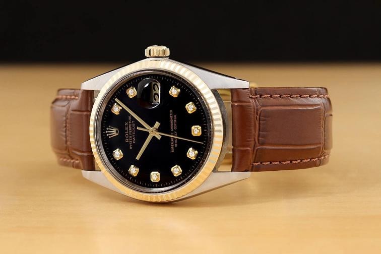 ROLEX DATEJUST 1601 14K GOLD STEEL BLACK DIAMOND WATCH w BROWN LEATHER BRACELET - 2