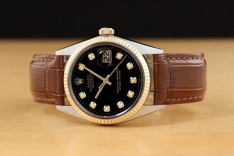 ROLEX DATEJUST 1601 14K GOLD STEEL BLACK DIAMOND WATCH w BROWN LEATHER BRACELET - 3