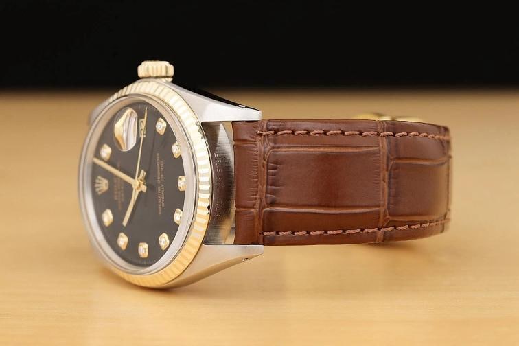 ROLEX DATEJUST 1601 14K GOLD STEEL BLACK DIAMOND WATCH w BROWN LEATHER BRACELET - 4