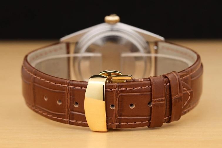 ROLEX DATEJUST 1601 14K GOLD STEEL BLACK DIAMOND WATCH w BROWN LEATHER BRACELET - 6