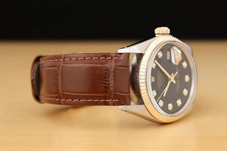 ROLEX DATEJUST 1601 14K GOLD STEEL BLACK DIAMOND WATCH w BROWN LEATHER BRACELET - 7