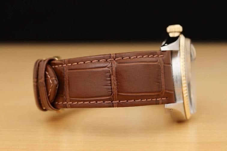 ROLEX DATEJUST 1601 14K GOLD STEEL BLACK DIAMOND WATCH w BROWN LEATHER BRACELET - 8