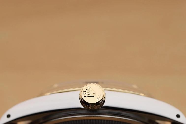 ROLEX DATEJUST 1601 14K GOLD STEEL BLACK DIAMOND WATCH w BROWN LEATHER BRACELET - 9