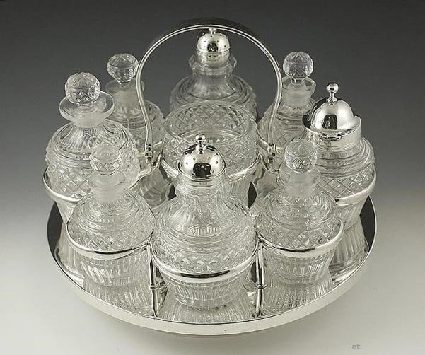Huge English 1824 Sterling Glass Cruet Set: Type Cruet setAge 1824Material Glass and SilverRegion United KingdomYear Made 1824Country of Origin United Kingdom Presented is a gorgeous old sterling silver and cut glass or crystal castor or cruet