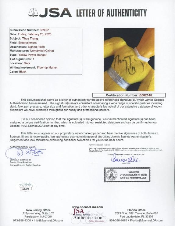 Thuy Trang signed Yellow Power Ranger Plush Toy Doll JSA LOA Rare Auto: Industry TelevisionSigned by Thuy TrangSigned YesAutograph Authentication James Spence JSAObject Type PlushOriginalReproduction OriginalShow Power RangersCountry of Origin China 