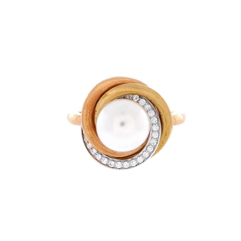 Cartier Trinity Pearl Ring 18K Tricolor Gold with Pearl and Diamonds 14mm: Condition Preowned GoodBrand CartierMain Stone UnknownMetal 18K Tri Colored GoldMetal Purity 18KRing Size 475 49Type RingColor Tricolor GoldStyle 18K Tricolor Gold With Pearl And DiamondsMaterial Unkn