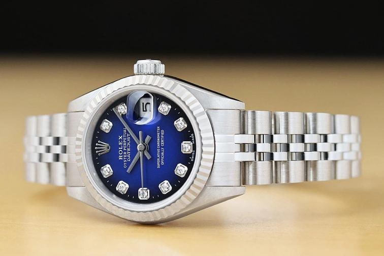 ROLEX LADIES DATEJUST 69174 BLUE VIGNETTE DIAMOND 18K WHITE GOLD STEEL WATCH - 2