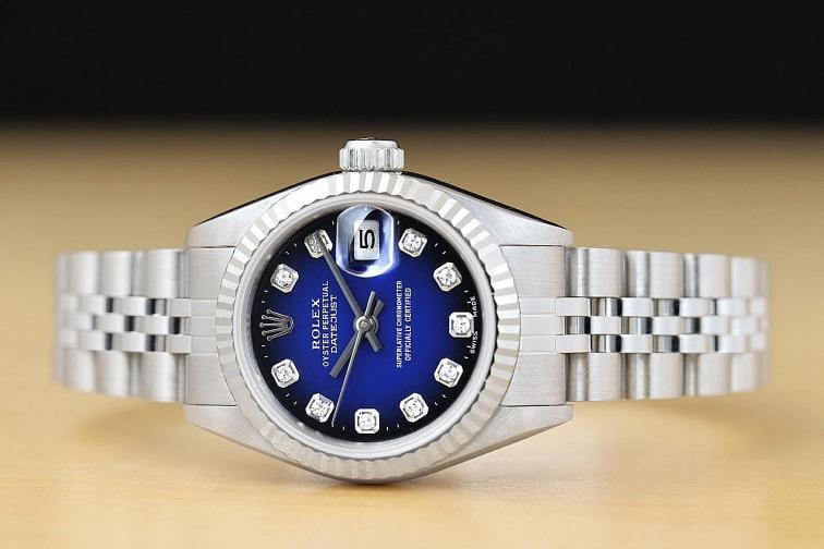 ROLEX LADIES DATEJUST 69174 BLUE VIGNETTE DIAMOND 18K WHITE GOLD STEEL WATCH - 3