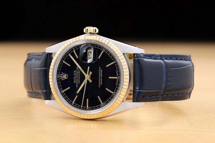 ROLEX MENS DATEJUST 16013 BLACK 18K GOLD STAINLESS STEEL BLUE LEATHER BAND WATCH - 2