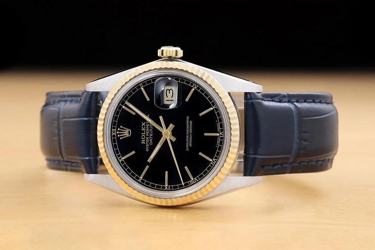 ROLEX MENS DATEJUST 16013 BLACK 18K GOLD STAINLESS STEEL BLUE LEATHER BAND WATCH - 3