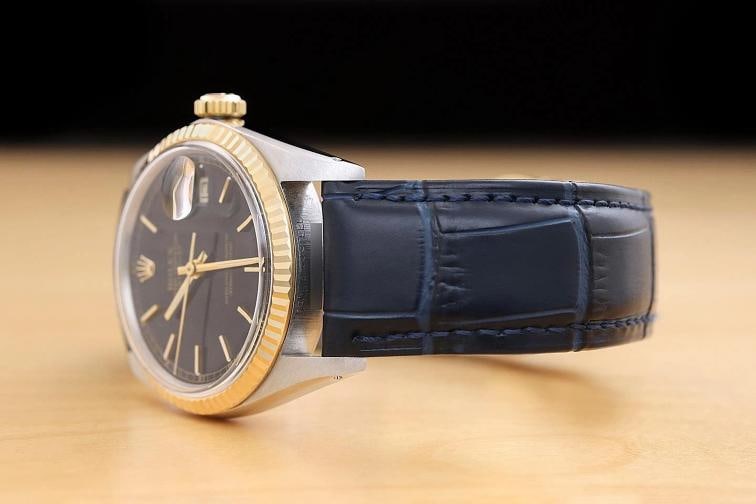 ROLEX MENS DATEJUST 16013 BLACK 18K GOLD STAINLESS STEEL BLUE LEATHER BAND WATCH - 4