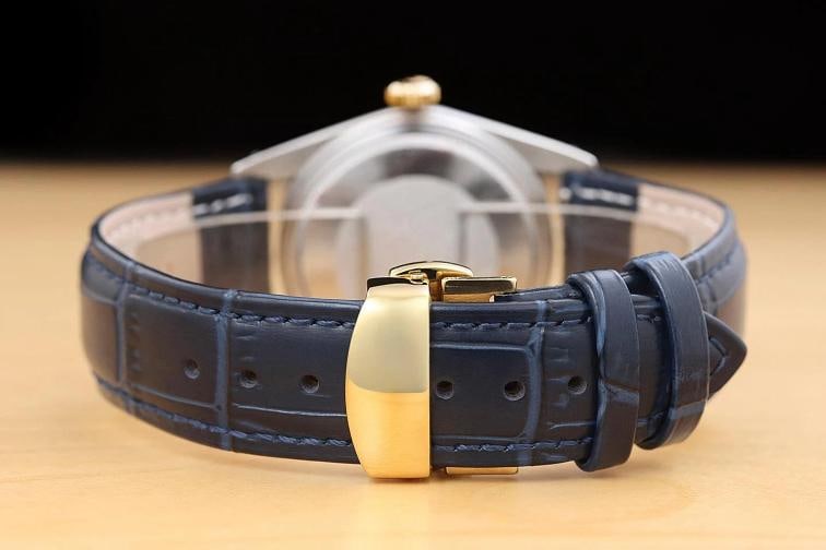 ROLEX MENS DATEJUST 16013 BLACK 18K GOLD STAINLESS STEEL BLUE LEATHER BAND WATCH - 6