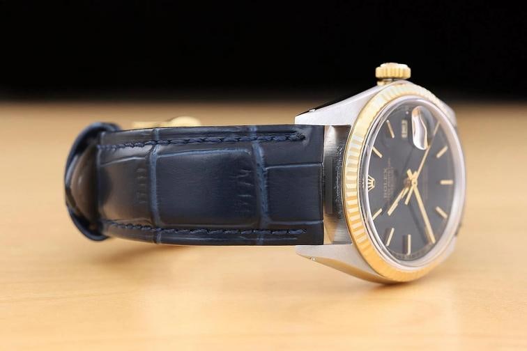 ROLEX MENS DATEJUST 16013 BLACK 18K GOLD STAINLESS STEEL BLUE LEATHER BAND WATCH - 7