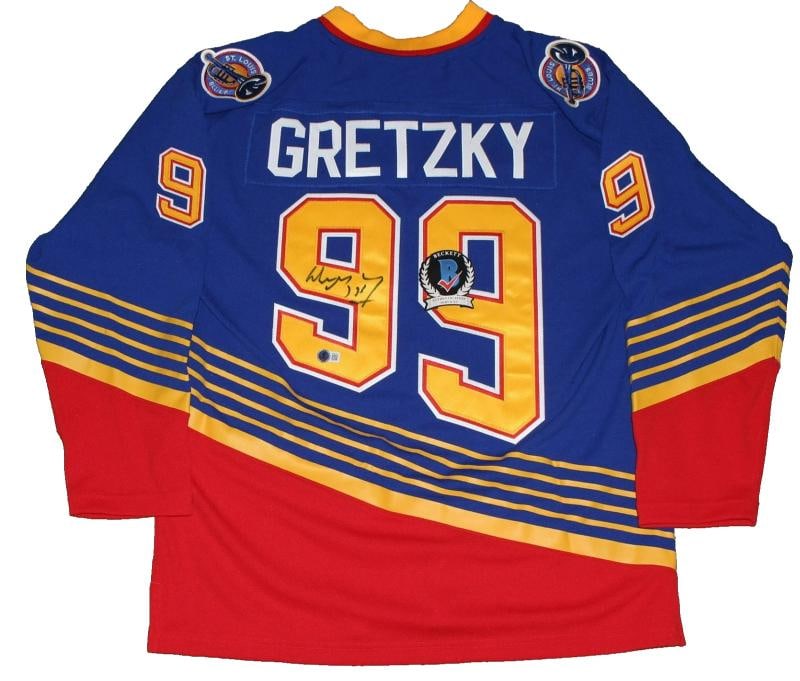 WAYNE GRETZKY SIGNED ST LOUIS BLUES MITCHELL NESS 99 JERSEY L BECKETT COA: Player Wayne GretzkySport HockeySigned YesAutograph Authentication Beckett Authentication Services BASOriginalReprint OriginalProduct JerseyTeam Edmonton OilersCountry of Origin United States