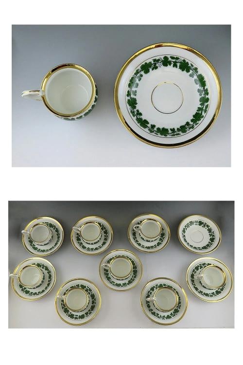 Fantastic 17pc Meissen Full Green Vine Gilt Tea Coffee Cup and Saucer Set - 6
