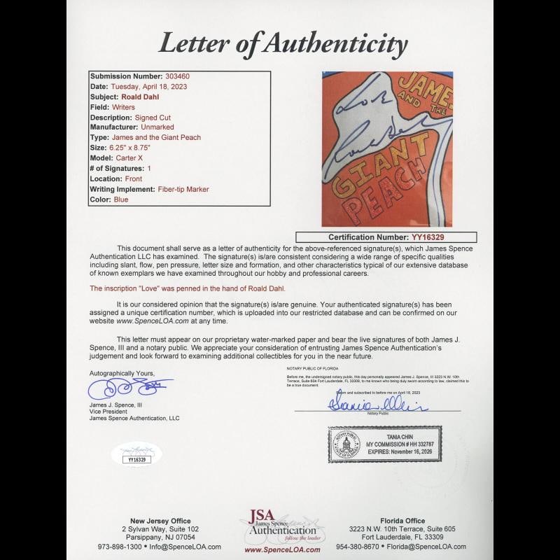 Roald Dahl signed Cut JSA LOA Carter X Custom Art James and the Giant Peach: Industry CelebritiesSigned YesAutograph Authentication James Spence JSACelebrity Roald DahlOriginalReproduction OriginalCountry of Origin United States