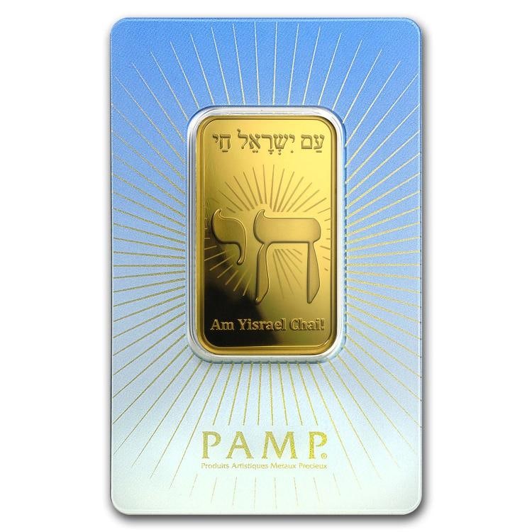 1 oz Gold Bar PAMP Suisse Religious Series Am Yisrael Chai: Brand PAMP SuisseMPN 94439Year NAFineness 09999Denomination NACountry of Origin SwitzerlandCirculatedUncirculated NoneCertification Uncertified 