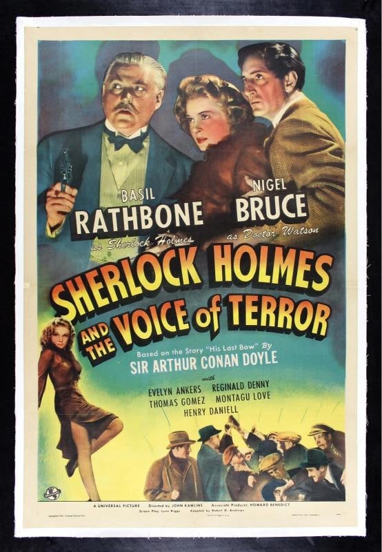 SHERLOCK HOLMES AND THE VOICE OF TERROR MOVIE POSTER 1942: Object Type PosterOriginalReproduction OriginalIndustry MoviesCountry of Origin United States This is a genuine 27 x 41 US one sheet ORIGINAL MOVIE POSTER issued by the studio when the film was releas