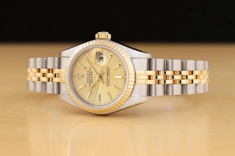 ROLEX LADIES DATEJUST 69173 18K GOLD STEEL TWO TONE CHAMPAGNE TAPESTRY WATCH - 2