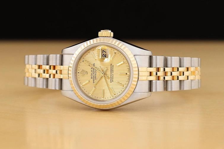 ROLEX LADIES DATEJUST 69173 18K GOLD STEEL TWO TONE CHAMPAGNE TAPESTRY WATCH - 3