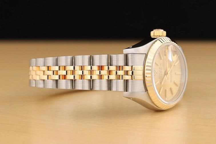 ROLEX LADIES DATEJUST 69173 18K GOLD STEEL TWO TONE CHAMPAGNE TAPESTRY WATCH - 7