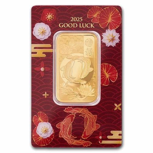 2025 Pamp Suisse Good Luck Koi Fish 1 oz Gold Bar In Assay: Shape BarPrecious Metal Content per Unit 1 ozBrandMint Pamp SuisseFineness 09999Total Precious Metal Content 1 Troy oz Fine GoldCountry of Origin SwitzerlandComposition Gold 