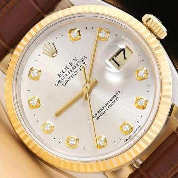 ROLEX MENS DATEJUST 16013 18K GOLD STEEL SILVER DIAMOND WATCH w/ LEATHER BAND (1 of 10)