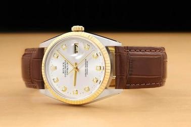 ROLEX MENS DATEJUST 16013 18K GOLD STEEL SILVER DIAMOND WATCH w/ LEATHER BAND - 2