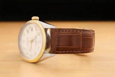 ROLEX MENS DATEJUST 16013 18K GOLD STEEL SILVER DIAMOND WATCH w/ LEATHER BAND - 4