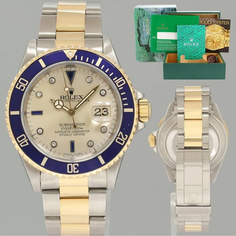 Rolex Submariner 16613 Two Tone Yellow Gold Custom MOP Serti Diamond Watch Box: Brand Rolex (Guaranteed Authentic) Model Submariner Reference Number 16613T Serial Number U Gender Men's Metal Two-Tone Yellow Gold / Stainless Steel Case Size 40.00mm Wrist Size This watch will curre