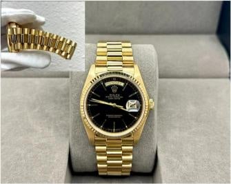 Rolex Day Date President 18038 36mm Black Dial 18K Yellow Gold: Style Number: 18038 Serial: 6476*** Year: 1980 Model: Rolex Day-Date President Case Material: 18K Yellow Gold Band: 18K Yellow Gold Bezel: 18K Yellow Gold Dial: Black Crystal: Sapphire Case Size: 36mm