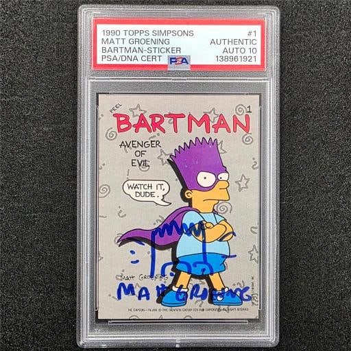 Matt Groening signed 1990 Topps Simpsons Bartman Bart Sticker Card 1 PSA 10 Auto (1 of 2)
