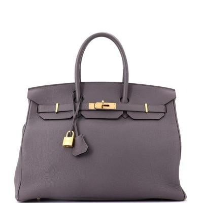 Hermes Birkin Handbag Grey Togo with Gold Hardware 35: Accessories: Lock, Clochette, Keys Measurements: Handle Drop 4.5", Height 10", Width 13.5", Depth 7", Strap Drop None". Condition: Pre-owned - Good,Brand: Hermes,Exterior Material: Leather,Style: