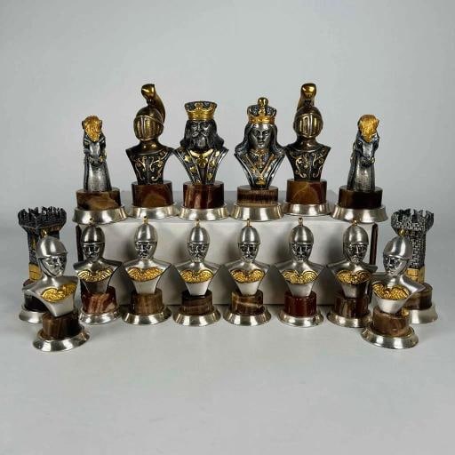 STUNNING Giuseppe Vasari Gorham Silvered Bronze Marble Pieces & Board Chess Set - 2