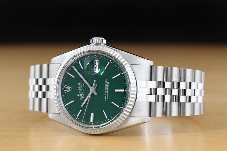 ROLEX MENS DATEJUST 1601 GREEN DIAL 18K WHITE GOLD STEEL WATCH w/ JUBILEE BAND - 2