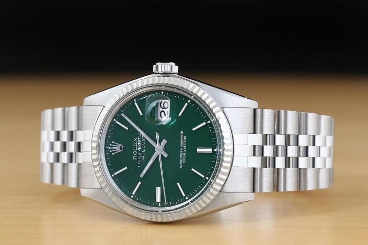 ROLEX MENS DATEJUST 1601 GREEN DIAL 18K WHITE GOLD STEEL WATCH w/ JUBILEE BAND - 3