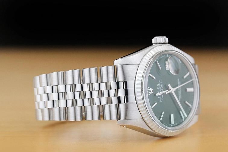 ROLEX MENS DATEJUST 1601 GREEN DIAL 18K WHITE GOLD STEEL WATCH w/ JUBILEE BAND - 6