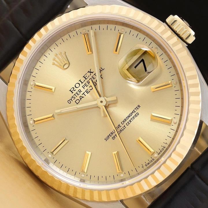 ROLEX MENS DATEJUST 16233 CHAMPAGNE 18K GOLD STEEL 2-TONE WATCH w/ LEATHER BAND (1 of 9)