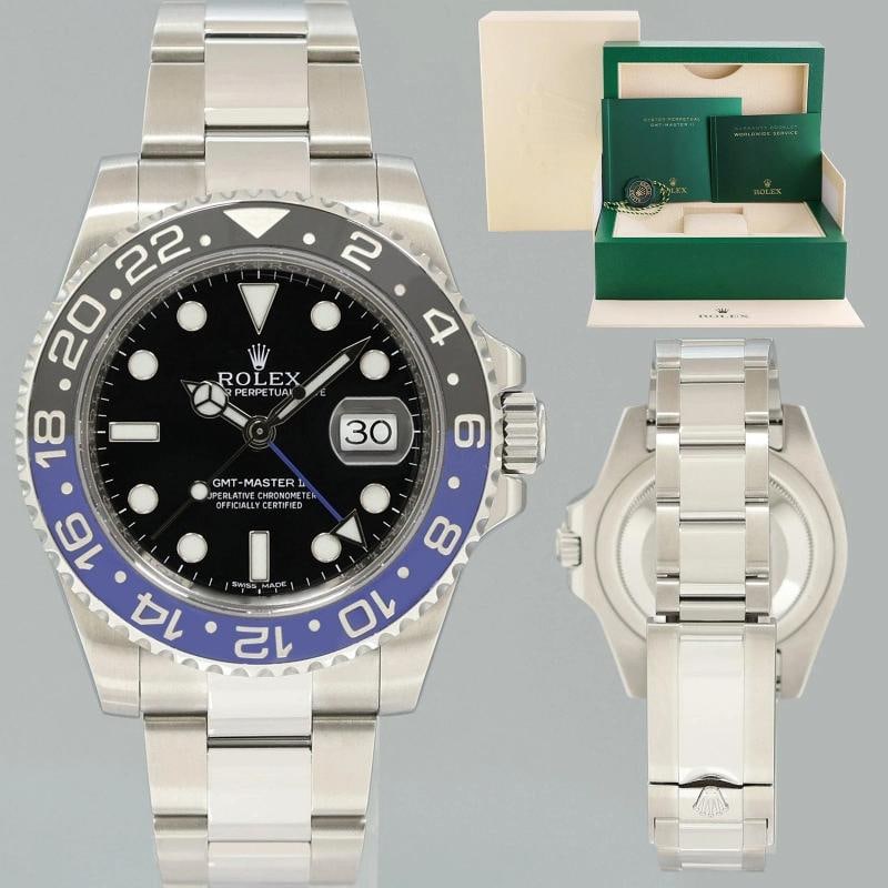 2015 MINT Rolex GMT Master II 116710 BLNR 40mm Steel Batman Blue Watch: Brand Rolex (Guaranteed Authentic) Model GMT Master II Serial # Random Serial Ref # 116710 BLNR Gender Men's Metal Stainless Steel Case Size 40mm Wrist Size Will fit up to a 7.75" inch wrist. 
