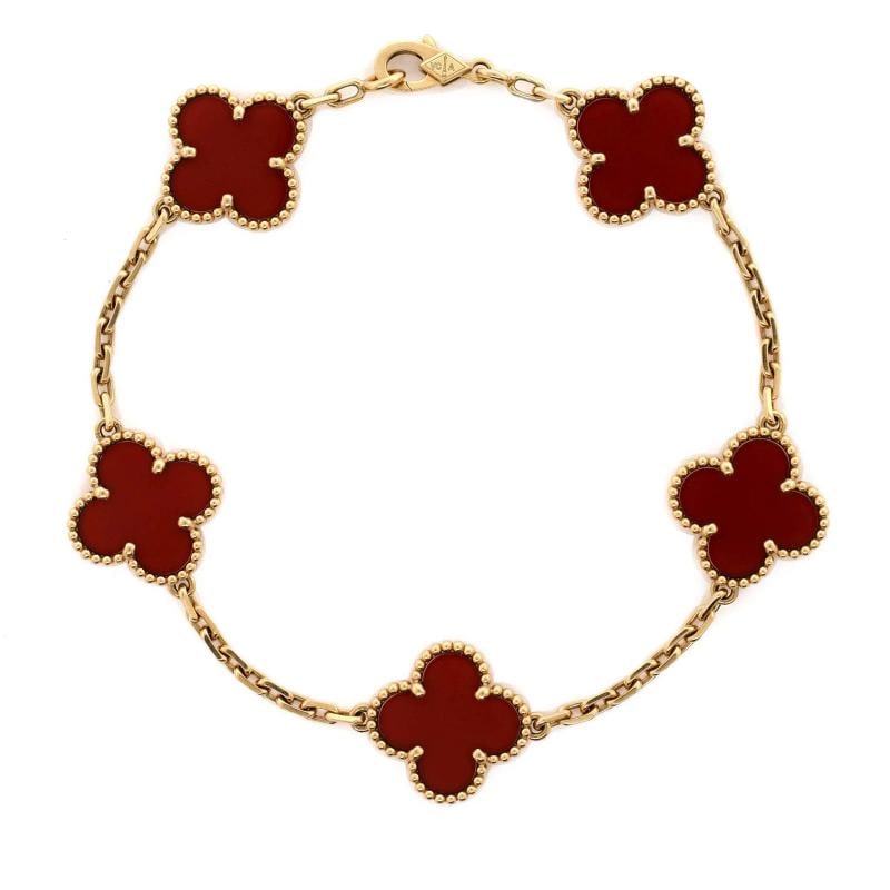Van Cleef & Arpels Vintage Alhambra 5 Motifs Bracelet 18K Yellow Gold: Measurements: Circumference: 6.50 ", Width: 14.85 mm . Condition: Pre-owned - Good,Brand: Van Cleef & Arpels,Main Stone: Carnelian,Metal: 18K Yellow Gold,Metal Purity: 18K,Style: Bracelet,Type: