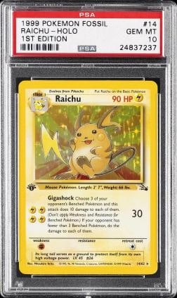 1999 POKEMON FOSSIL 1ST ED #14 RAICHU-HOLO PSA 10 (1 of 2)