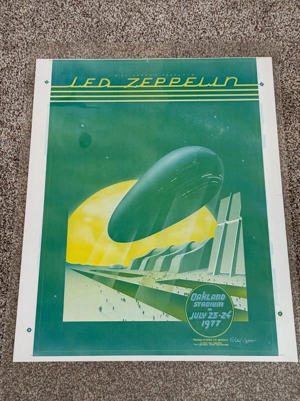 Led Zeppelin Apple Green Original Concert Poster from 1977 AOR Very Rare Signed: Signed by William Bostedt and Randy Tuten who did the artwork. 23 x 29 inches. Genre: Rock & Pop,Industry: Music,Artist/Band: Led Zeppelin,Original/Reproduction: Original,Country of Origin: United Sta