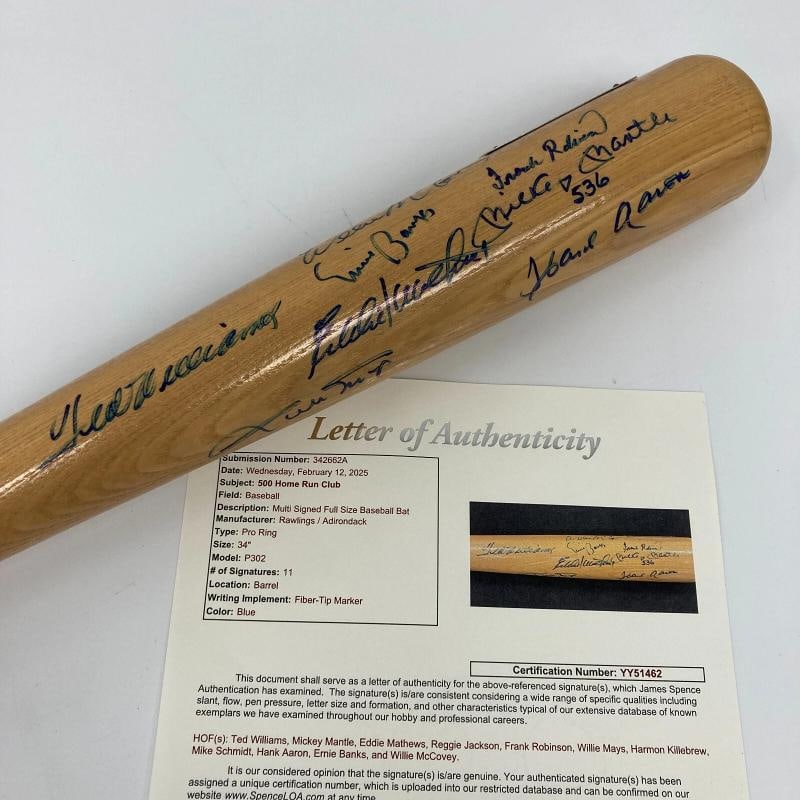 500 Home Run Club Signed Bat Mickey Mantle Ted Williams Willie Mays JSA COA (1 of 8)