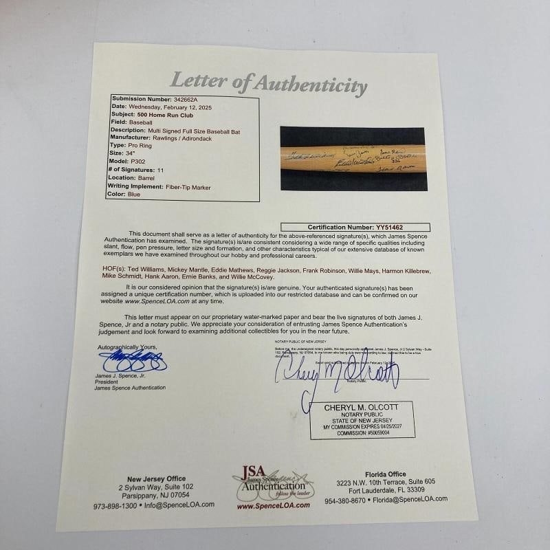 500 Home Run Club Signed Bat Mickey Mantle Ted Williams Willie Mays JSA COA - 2