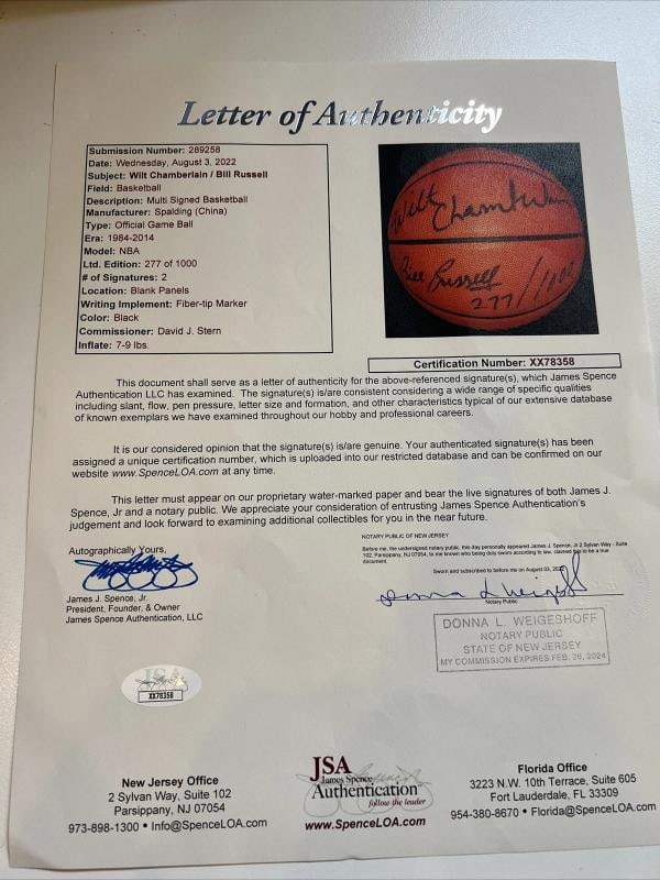 Wilt Chamberlain & Bill Russell Signed Official NBA Game Basketball JSA COA - 3