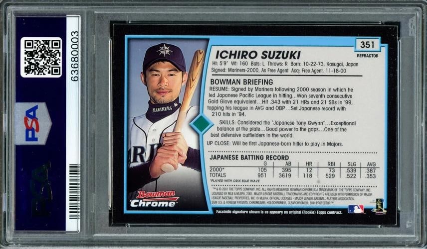 Ichiro Suzuki Auto 2001 Bowman Chrome Refractor RC 351 PSA 9 Sig 10 ROY/MVP DNA - 3