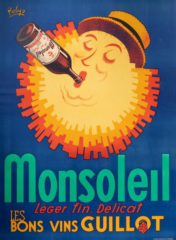 Original Vintage Poster - Robys - Monsoleil - Wine - Grape - Hat - France - 1940: Condition: Used,Country of Origin: France,Unit of Sale: Single-Piece Work,Artist: Robys,Signed By: Robys,Size: Large,Signed: Yes,Color: Blue - Yellow - Orange - Red,Date of Creation: 1900-1949,Title: